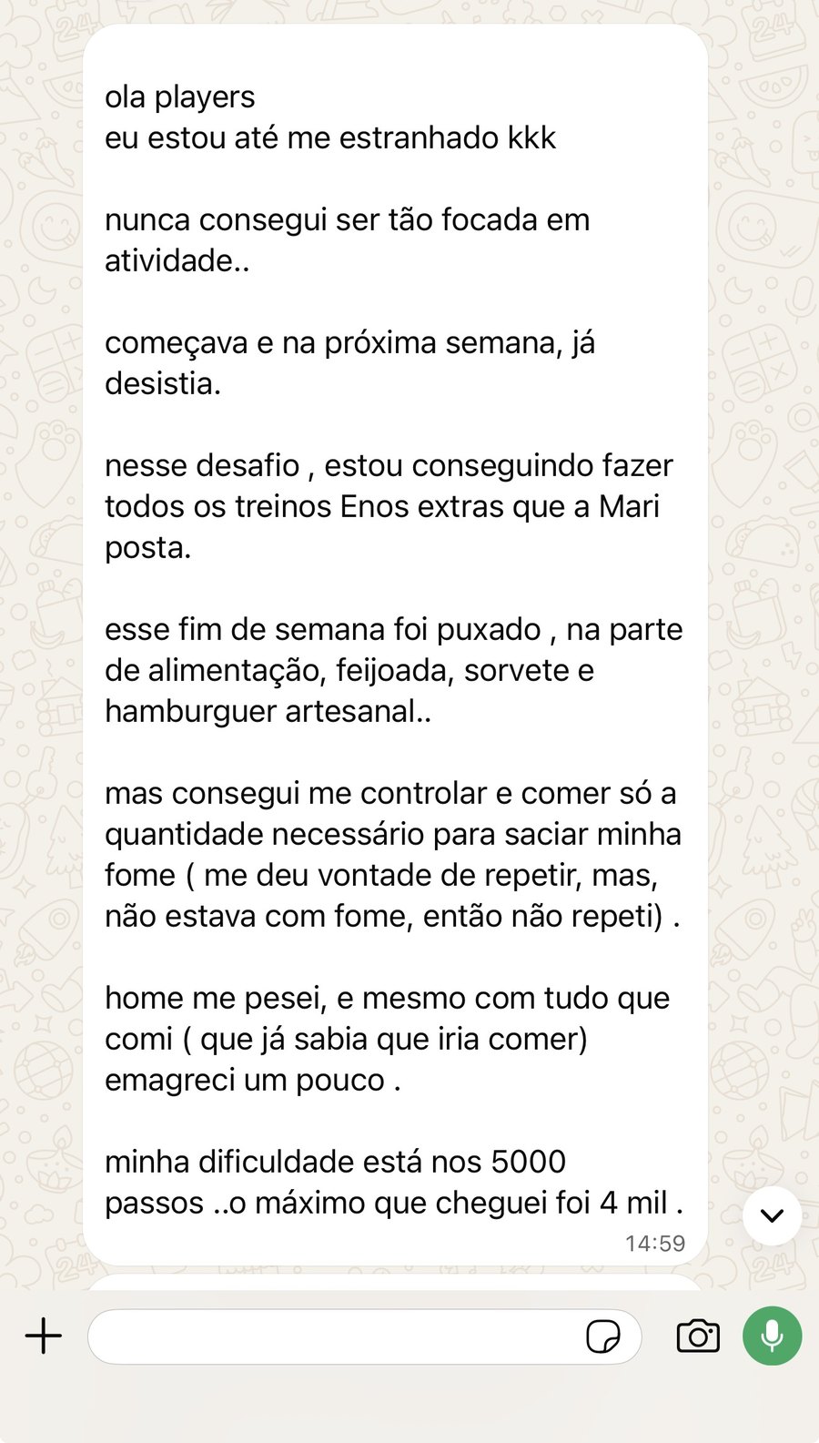 Print de conversa de WhatsApp de uma aluna do desafio